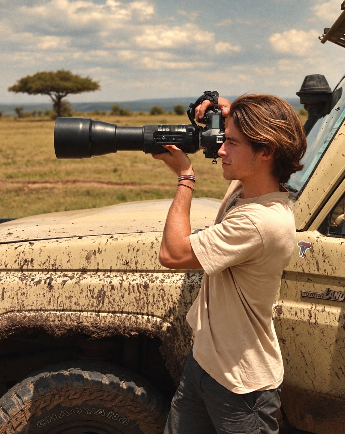 Lookasse en un reconocimiento, cámara al hombro frente a un Land Cruiser